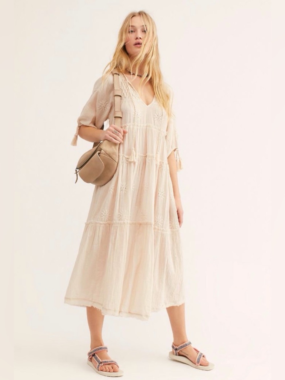 Free People Celestial Skies Midi Dress Embroidered Tiered Cream XS